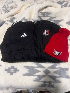 Adidas UNO - Omaha Black Puffer Jacket with Red Pom Beanie